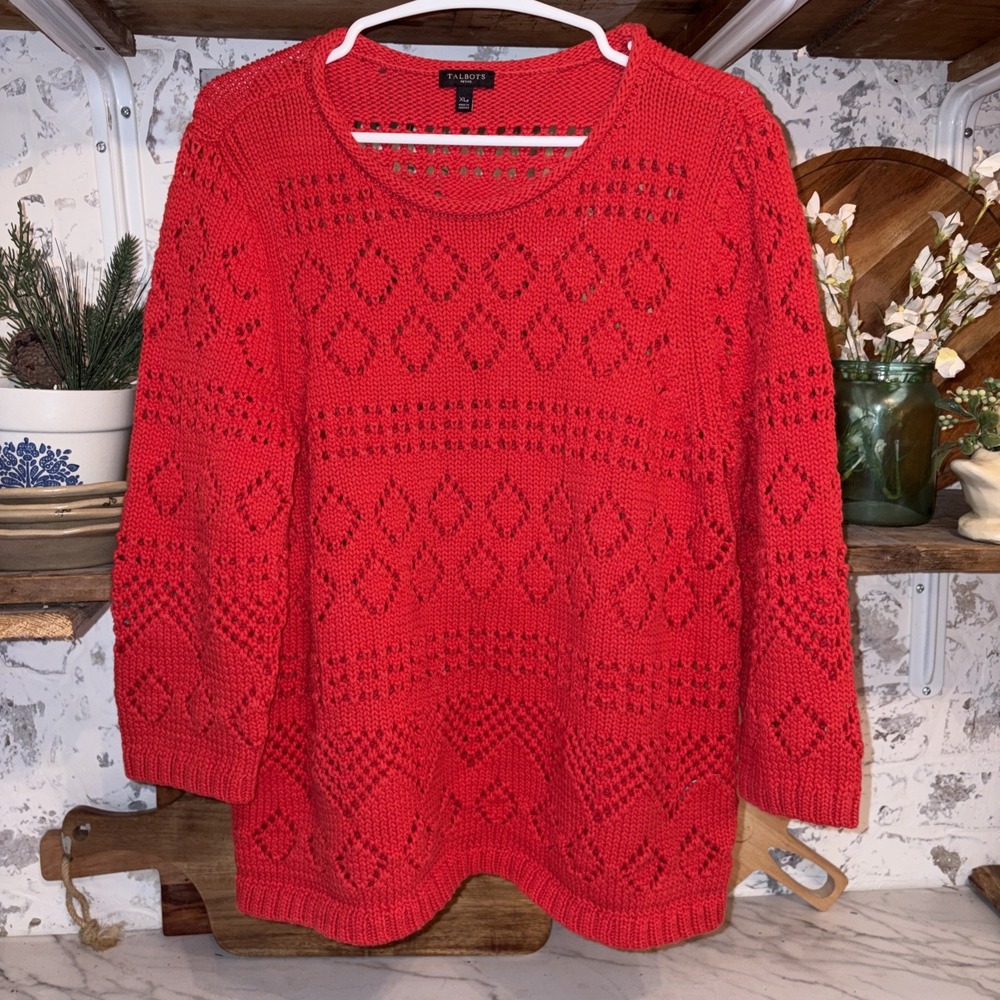 Talbots Women XLP Cozy Bright Red Crochet Bohemian Sweater Pullover